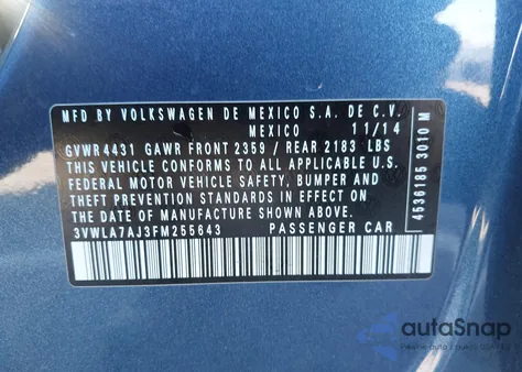 2015 Volkswagen Jetta 2.0L Tdi Se из США, поврежденный, VIN 3VWLA7AJ3FM255643